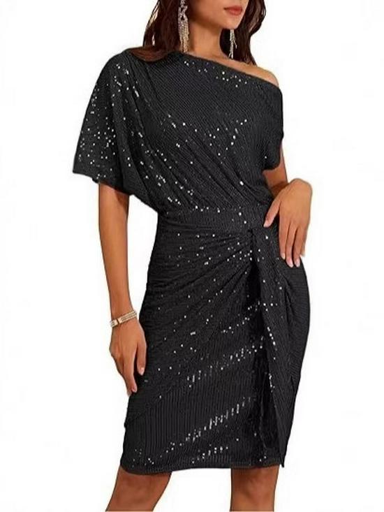 Cross-Border Glitter One-Shoulder Ruffled Party Dress for Women
