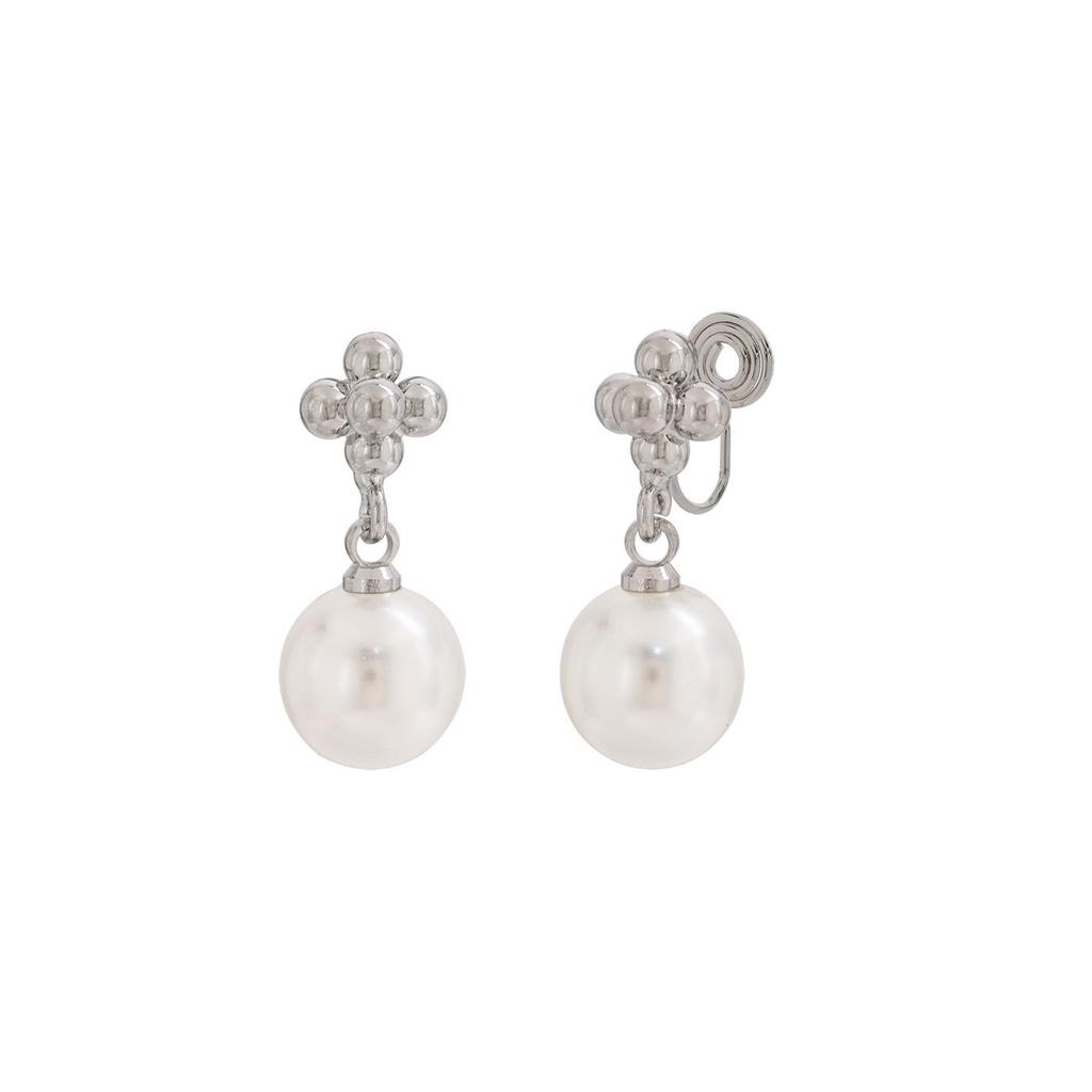 Retro Silver Bead & Pearl Flower Ear Studs - Elegant, Simple Design with Mosquito Coil Clip