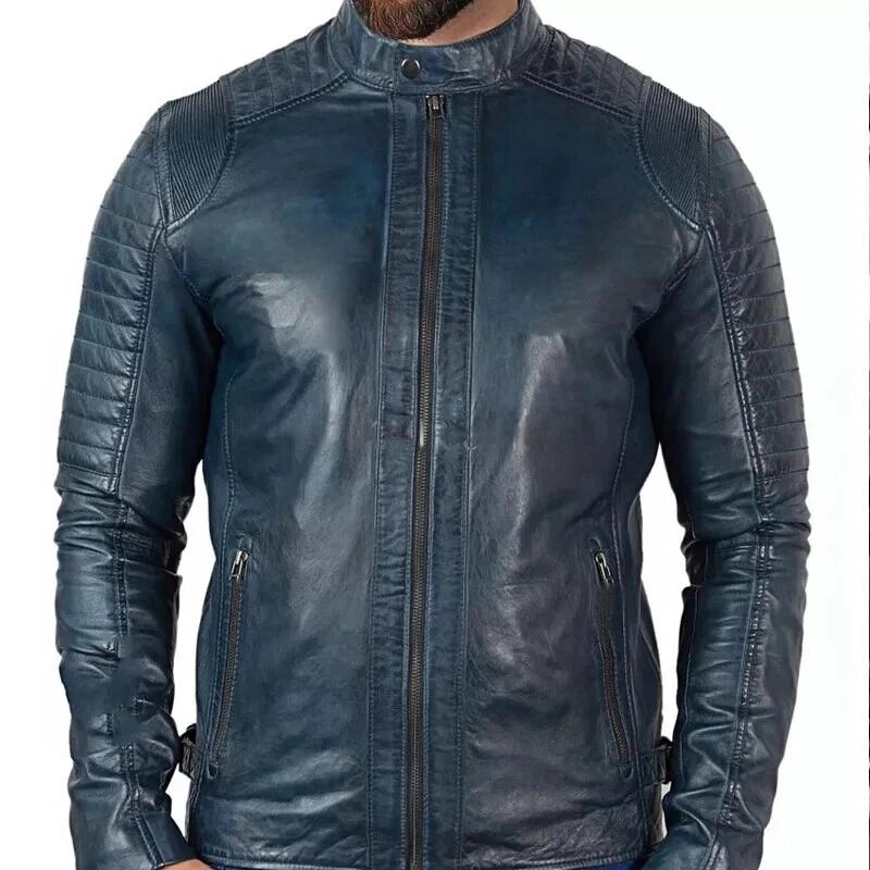 New Stylish Handmade Men's Blue Genuine Soft Leather Motorcycle Biker Jacket Real Lambskin