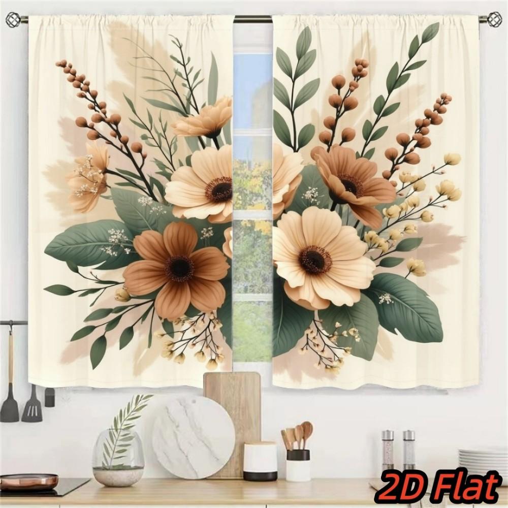 2PCS Floral Curtains, Brown Flower Green Leaf, Digital Print, Bedroom Living Room, Office, Bathroom, Holiday Decoration