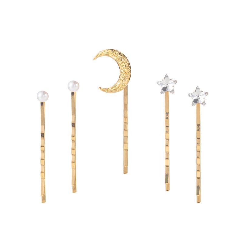 Diamond-encrusted Alloy One-word Clip, Autumn and Winter New Jewelry, Star Moon Headdress, Pearl Hairpin Set, Women
