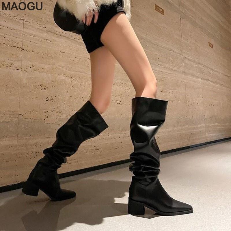 Women's Wide Calf Pleated Black Long Boots Knee-High Chunky Mid Heel 2026 Autumn Winter Fashion Boots Size 35-40 Botas Mujer