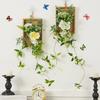 Artificial Plants Wall Decor, Rustic Farmhouse Wall Hanging Planter, Vintage Wood Framed Fake Plants Holder for Indoor Living Room, Kitchen, Bedroom