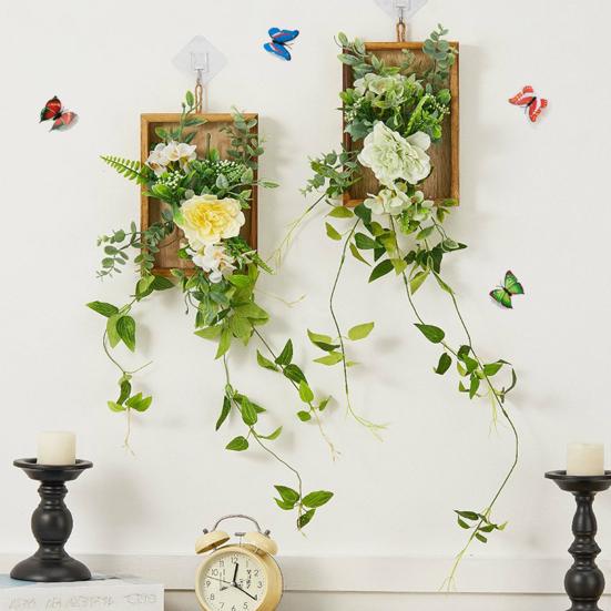 Artificial Plants Wall Decor, Rustic Farmhouse Wall Hanging Planter, Vintage Wood Framed Fake Plants Holder for Indoor Living Room, Kitchen, Bedroom