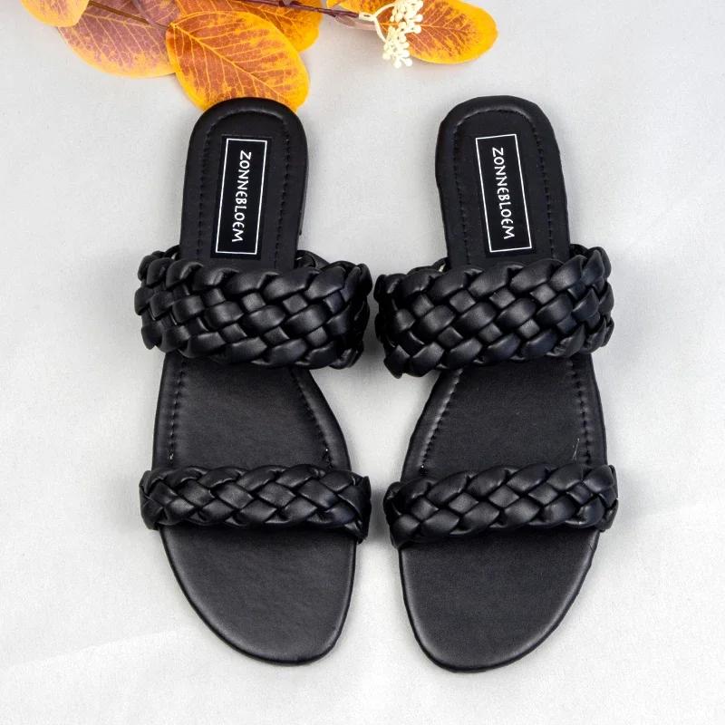 Fashion 2025 New Designer Women Outside Slippers Summer Woman Flat Slides High Quality PU Leather Fashion Double Weave Beach Sandals