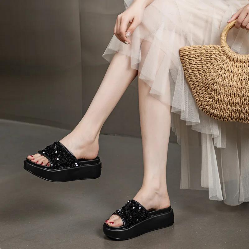 Fashion 7CM Microfiber Leather Chunky Sneaker Fashion Summer Peep Toe Hollow Pumps Hook Flats Shoes Bling High Brand Comfy Sandals Women