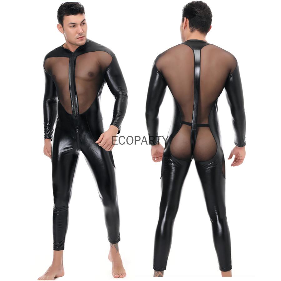 Men Faux Leather Stretch Catsuit Sexy Transparent Mesh Zipper Open Crotch Erotic Tight PVC Bodysuit  Fetish Costumes Ecoparty