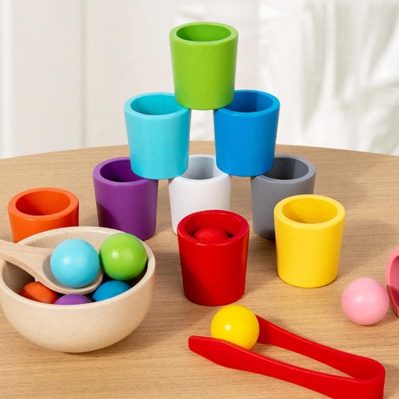 Fun Wood Color Sorting Cups and Balls Toy to Develop Children Hand Eye Coordination and Logical Thinking Ability