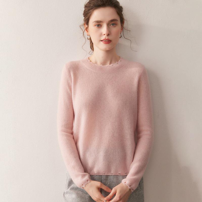 2025 Autumn/Winter Women's Distressed Round Neck Cashmere Sweater - Fashionable Loose Knitted Solid Color Long Sleeve Shirt