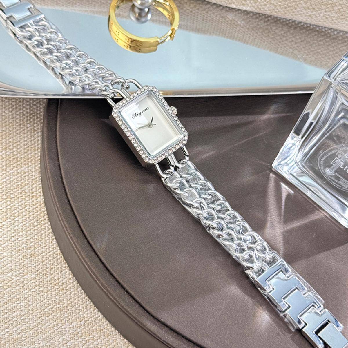 

European and American diamond studded rectangular bracelet, double row chain, women s quartz watch, wristwatch серебряный