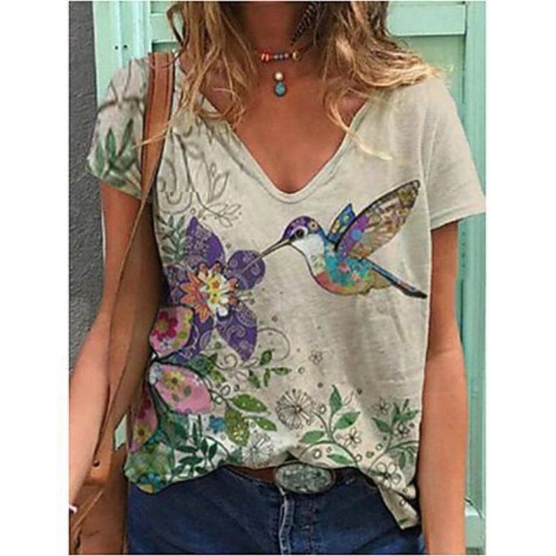 Summer V-neck 3D Bird Printed Top Fashionable Casual Short Sleeved Women's T-shirts