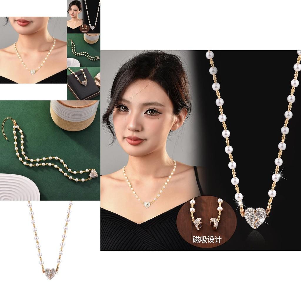 Luxurious Heart Pendant Necklace With Dazzling Diamond Inlay And Beautiful Pearl Chain