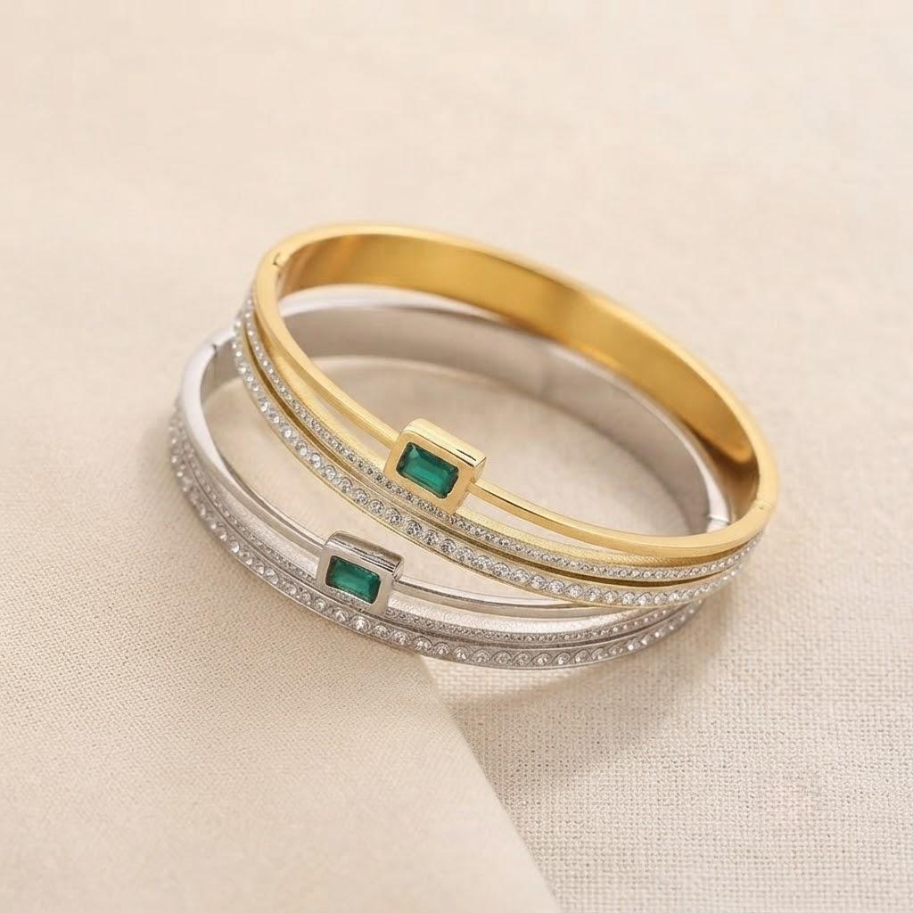 Premium Trendy Double Row Crystal Inlay Stainless Steel Bangle Elegant Accessory for Parties