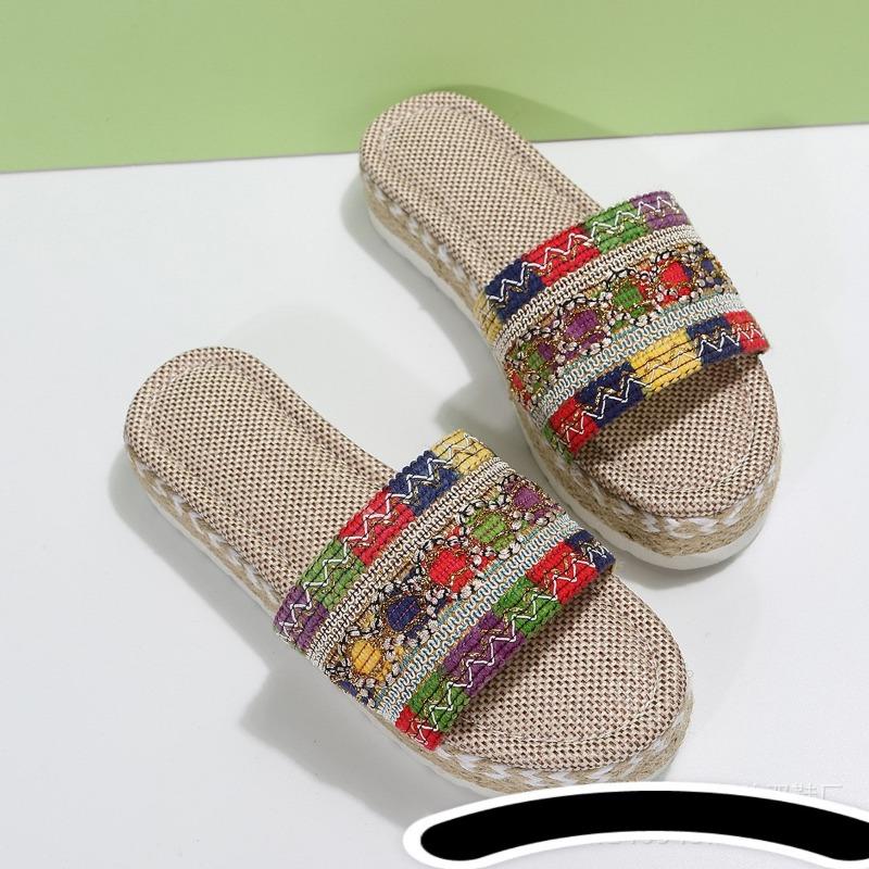 European and American Ethnic Style Foreign Trade Large Size Women Thick Bottom Fish Mouth Hemp Rope Candy Color Slippers New Manufacturers Wholesale