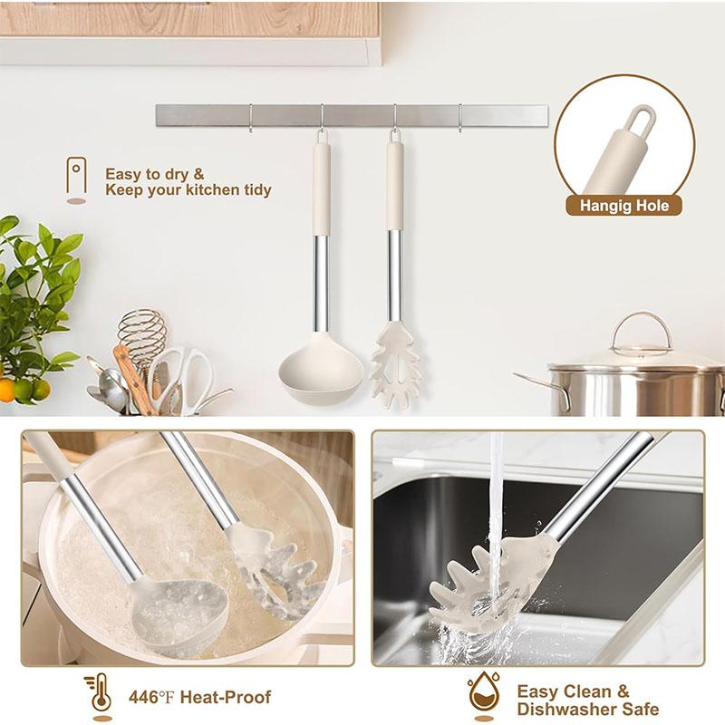 Silicone Pasta Fork and Ladle Spoon Set Large Nonstick Kitchen Utensils with Stainless Steel Handle For Cooking Draining JT594