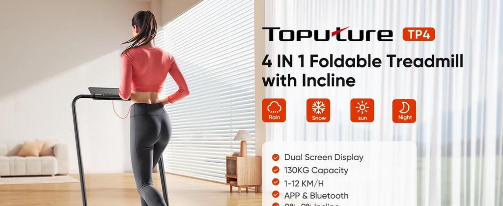 New Toputure TP4 4in1 Faltbares Laufband, 12km/h, 9% Neigung, 2,5 PS Motor, Fernbedienung & LED Display, Platzsparend for Home & Office