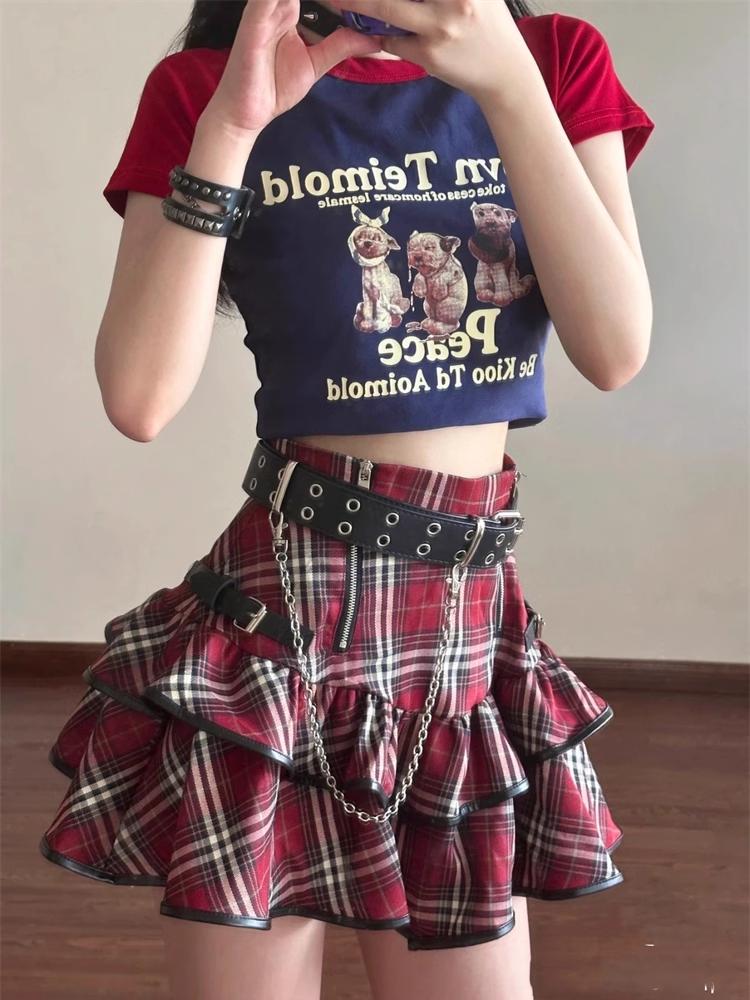 Punk Gothic Red Plaid Mini Skirt Women Vintage Y2k E-girl Emo High Waist Cake Skirt Harajuku Street Fairycore Grunge Clubwear