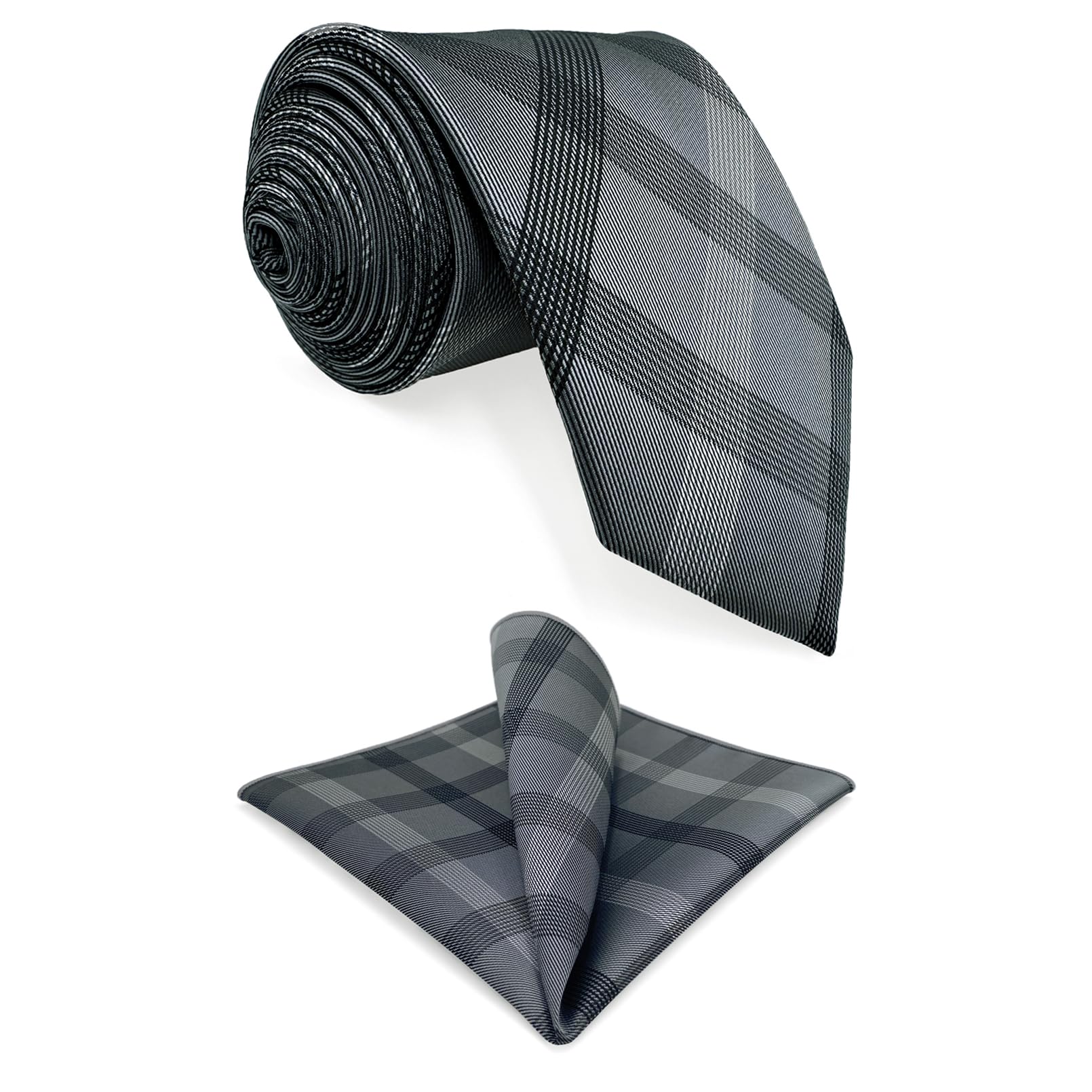 Shlax&Wing Striped Gray Check Men s Silk Tie Set with Pocket Square (Long, 160cm)