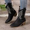 Fashion Women Embroidered Mid Calf Western Cowboy Boots Woman Autumn Winter Faux Leather Chunky Heeled Retro V-Cut Pointed Cowboy Boots