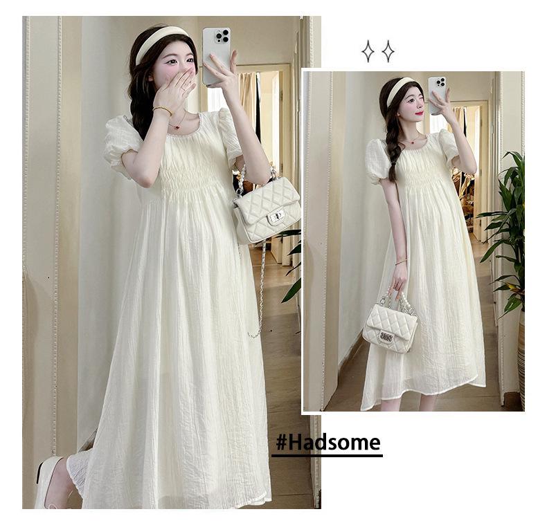 2026 Summer Sweet Puff Sleeve Maternity Dress - Slimming, Loose, and Belly Covering