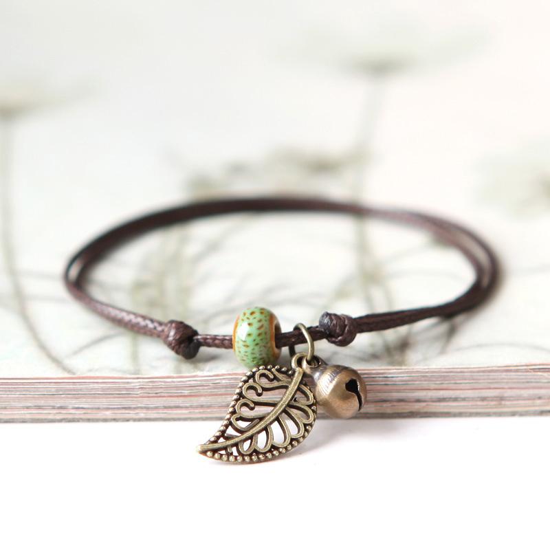 Ethnic Style Anklet For Women Vintage Bronze Leaf & Bell With Colorful Ceramic Bead Pendant On Leather Rope