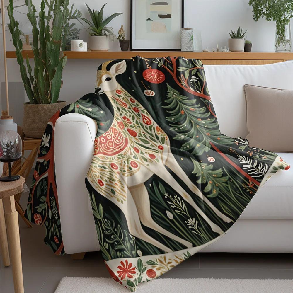 Enchanted Forest Fleece Blanket, Mystical Deer with Winter Flora Pattern, Cozy Reading Throw for Nature Inspired Decor 75cmx90cm