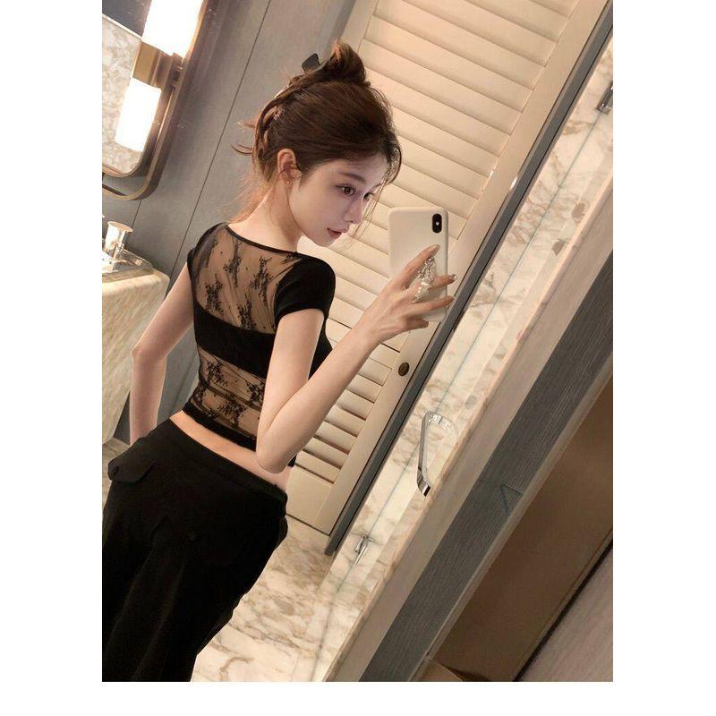 Pure Desire Style Square-Neck Short-Sleeve Knit T-Shirt for Women, Summer Lace Patchwork White Slim-Fit Inner Wear, Tight-Fitting Slimming Top