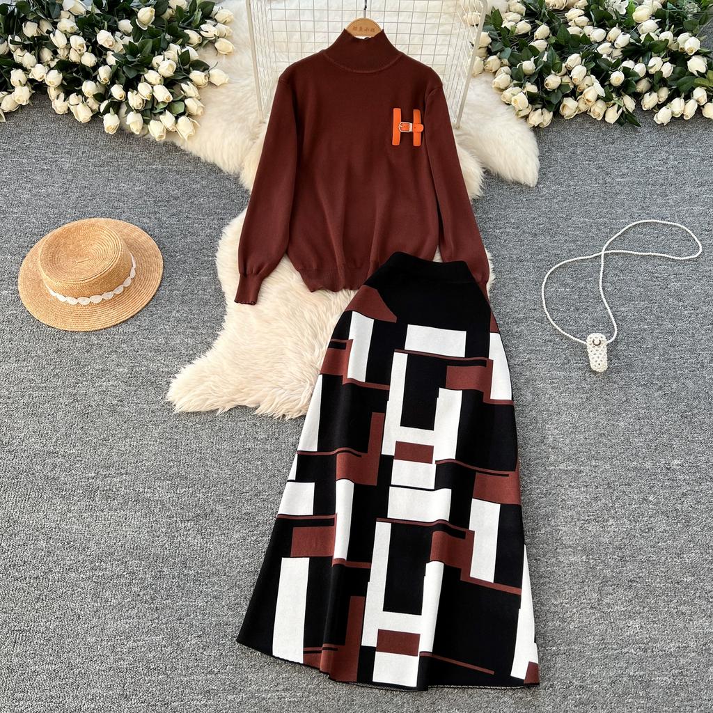 Høst Vinter Kvinner Elegant Strikket Genser Kontor Todelt Sett Ståkrage Pullover Topper og Lang Maxi Skjørt Dress