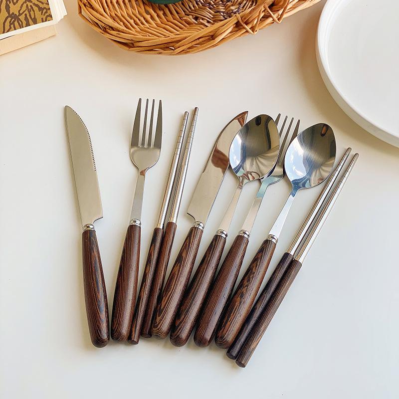 Korean household long-handled spoon, fork, stainless steel tableware ins western food steak knife 304 stainless steel chopsticks