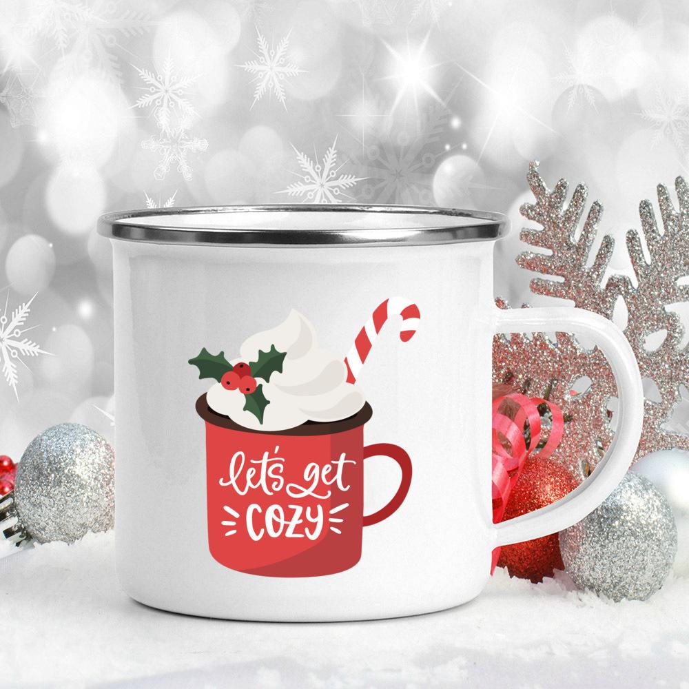 Let's Get Cozy Print Mugs Enamel Coffee Mugs Handle Hot Cocoa Mugs Festive Party Drink Beer Juice Mugs Christmas Xmas EVE Gifts