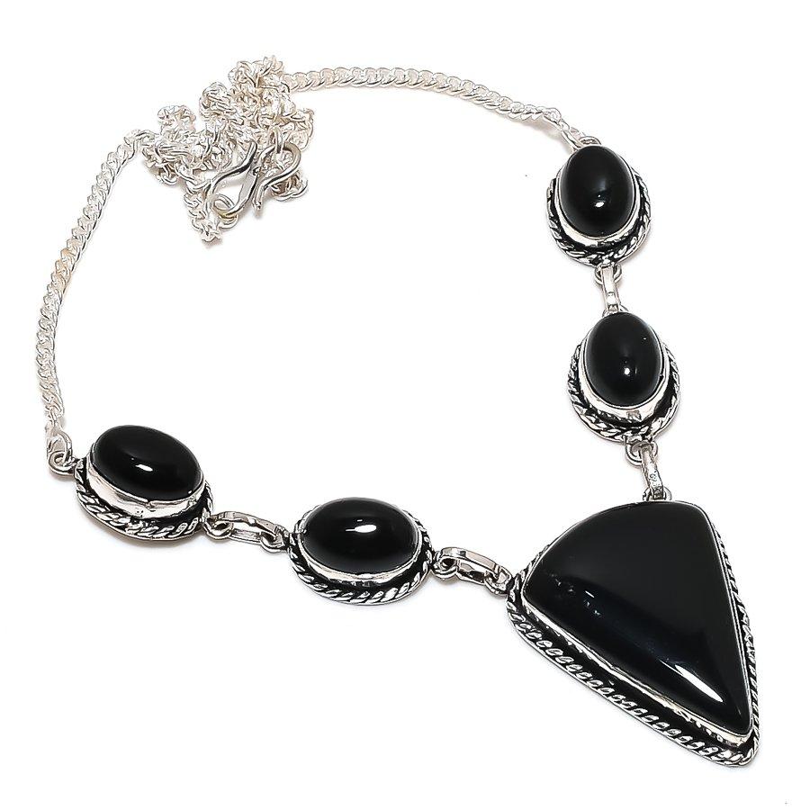 Natural Black Onyx Gemstone 925 Sterling Silver Jewelry Necklace 18" Z0N92