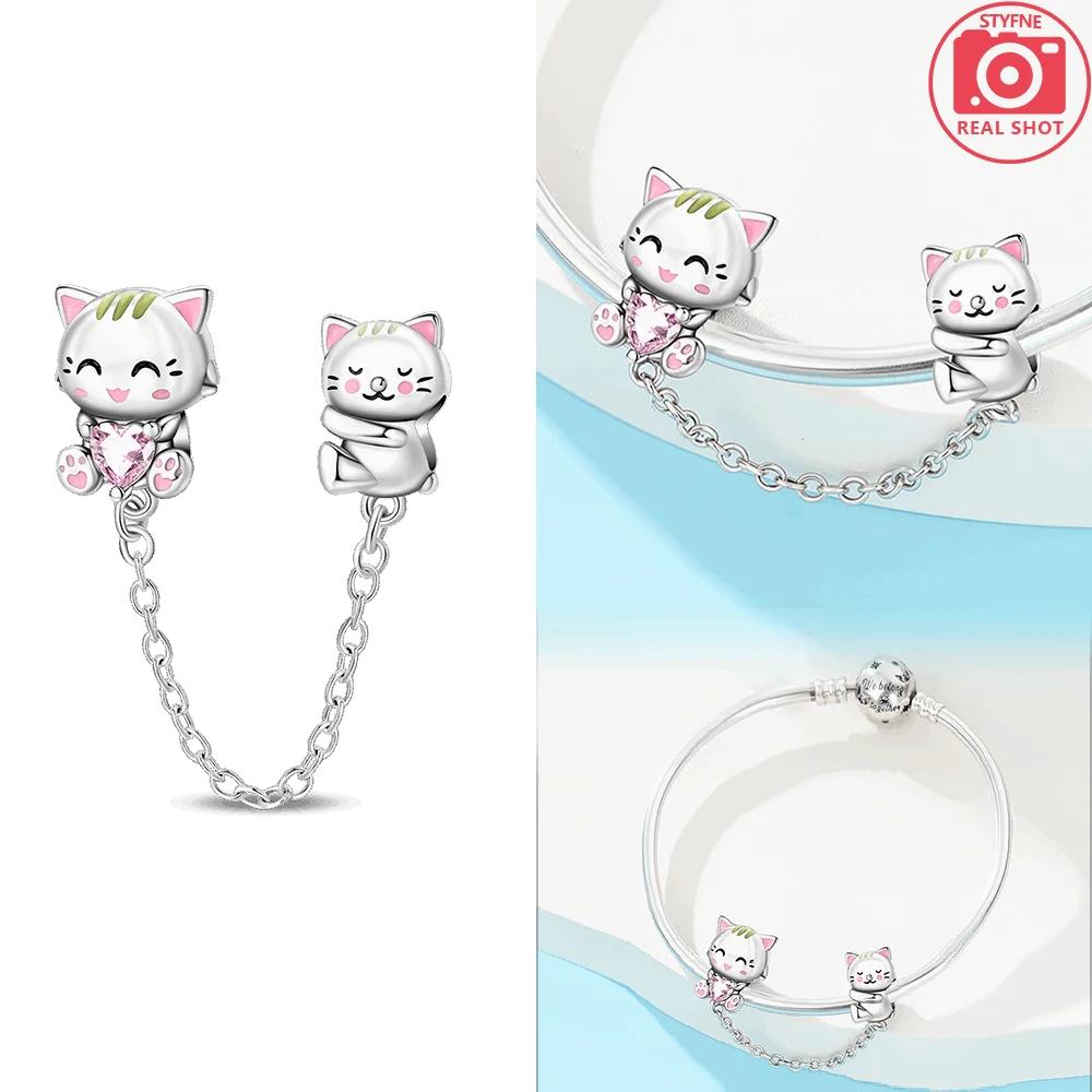 Original Pink Heart Cat Chain Locking Chain Bear Butterfly Charmscopper Bead Fit Bracelet Women Jewelry Diy Accessory Gift