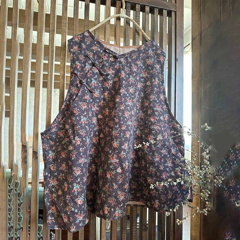 

Johnature женские винтажные топы на бретелях с цветочным принтом и круглым вырезом, одежда в китайском стиле, летняя свободная женская майка на пуговицах One Size темный кофе