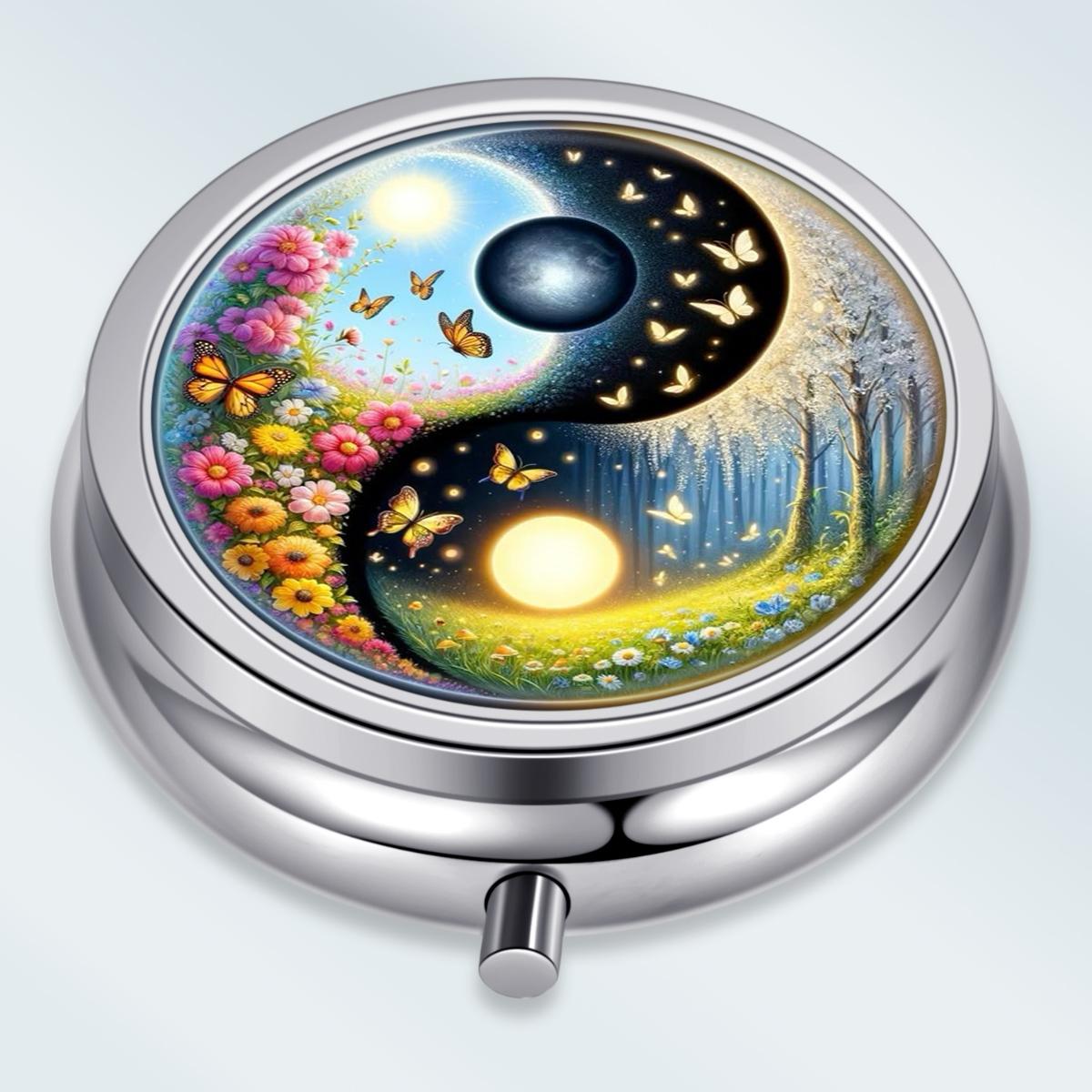 

Portable Pill Box with 3 Compartments, Mini Metal Medicine Organizer Case, Cute Printed Pill Container for Vitamins, Pills, Jewelry, Travel, Daily Use