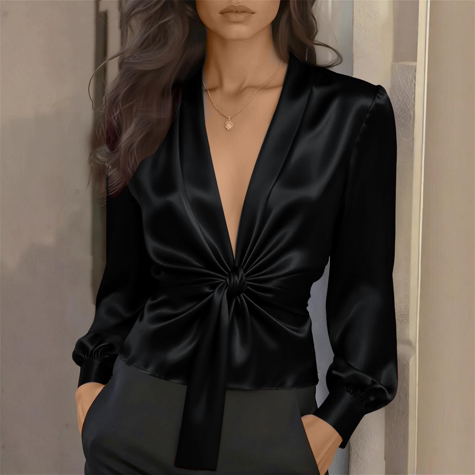 

Женская элегантная атласная рубашка с глубоким V-образным вырезом и длинными рукавами XXL чёрный