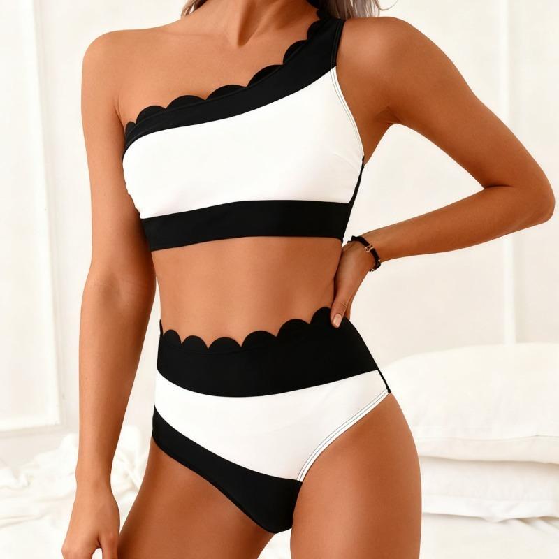 Europees en Amerikaans Nieuw Schuin Schouder Split Zwempak Kleurcombinatie Tankini Sport Strand Zwempak Dames