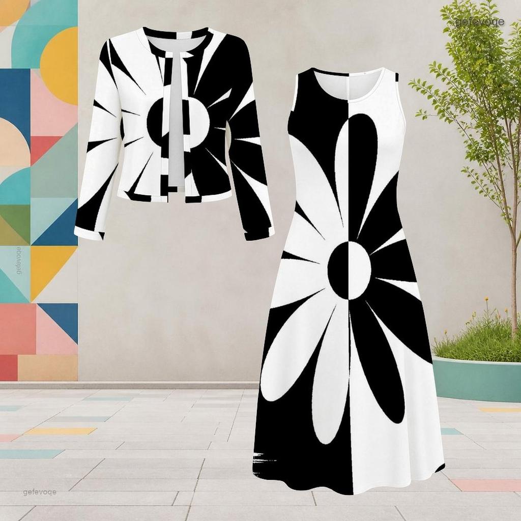 Women Plus Size Two Piece Dress Set Round Neck Long Sleeve Cardigan Sleeveless Dress Black White Floral Printed