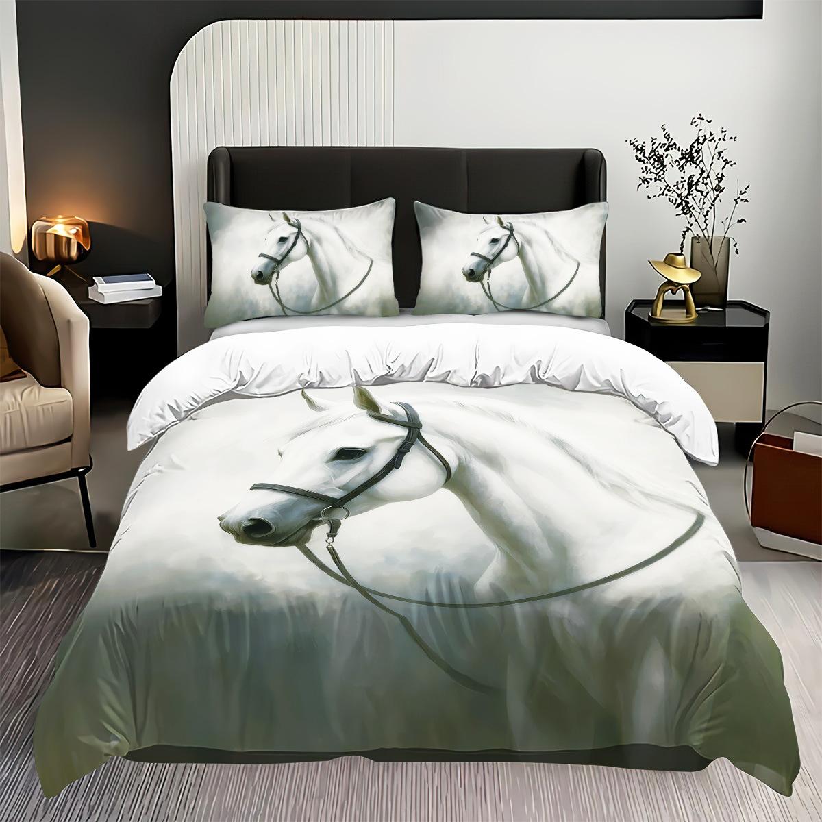 

3D Printed Horse Bedding Set with Pillowcases 50x75 Cm, Animal Duvet Cover with Zipper Closure, Soft Microfiber Quilt Cover Set 135x200cm