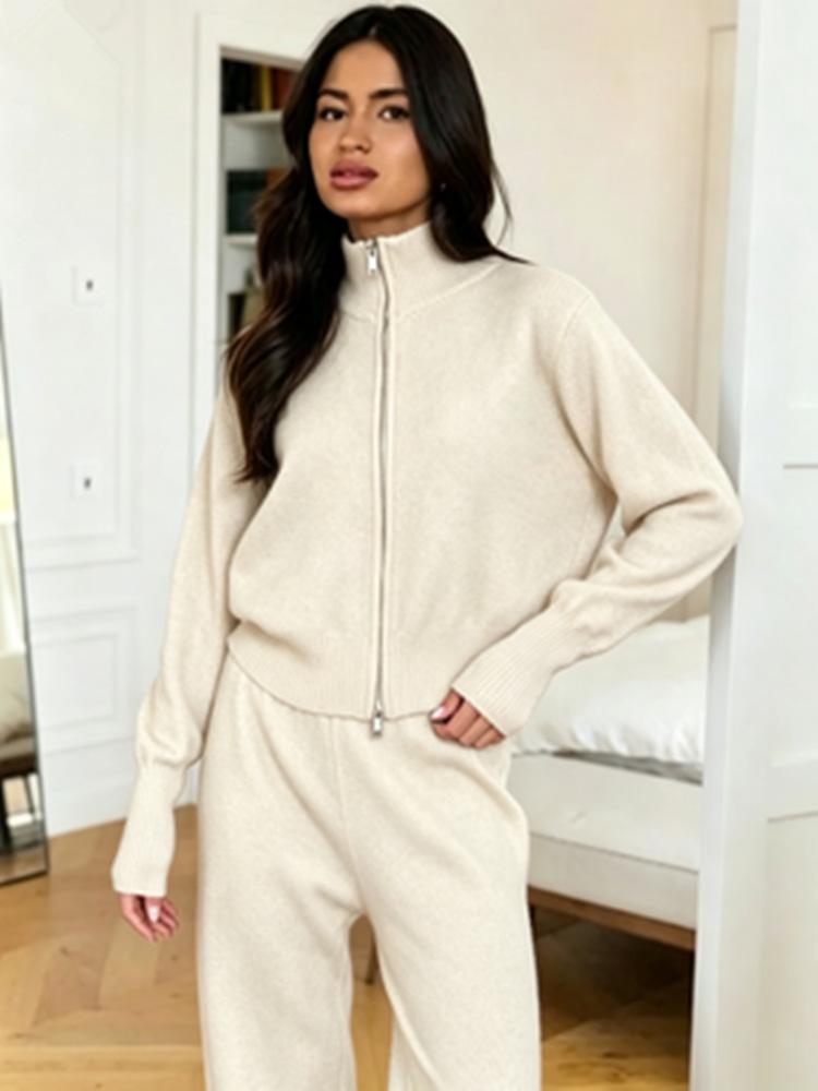 Double-open zipper sweater set, European, American autumn and winter new temperament commuting fashion casual wide-leg pants two-piece set