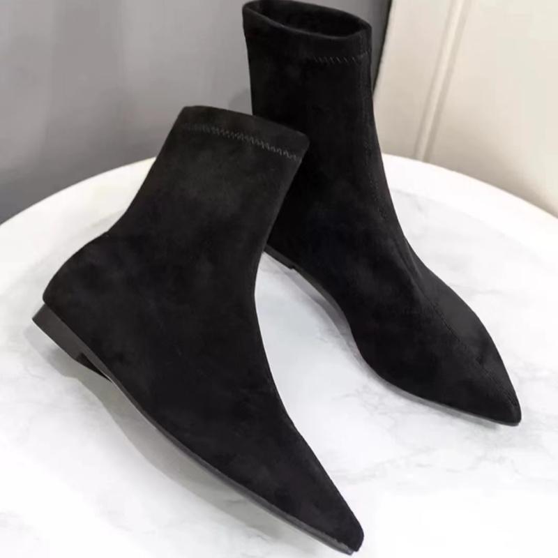 Fashion Luxury Women Black Flock Sock Flats Thin High Heels Elastic Knitting Boots Winter Fabric FlockAnkle Boots Boots Women
