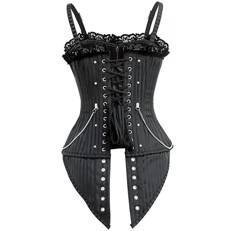 Sexy Women Gothic Corset Bustier Striped Zip Buckled Steampunk Overbust Corselet Vest Punk Rock Style Clothes