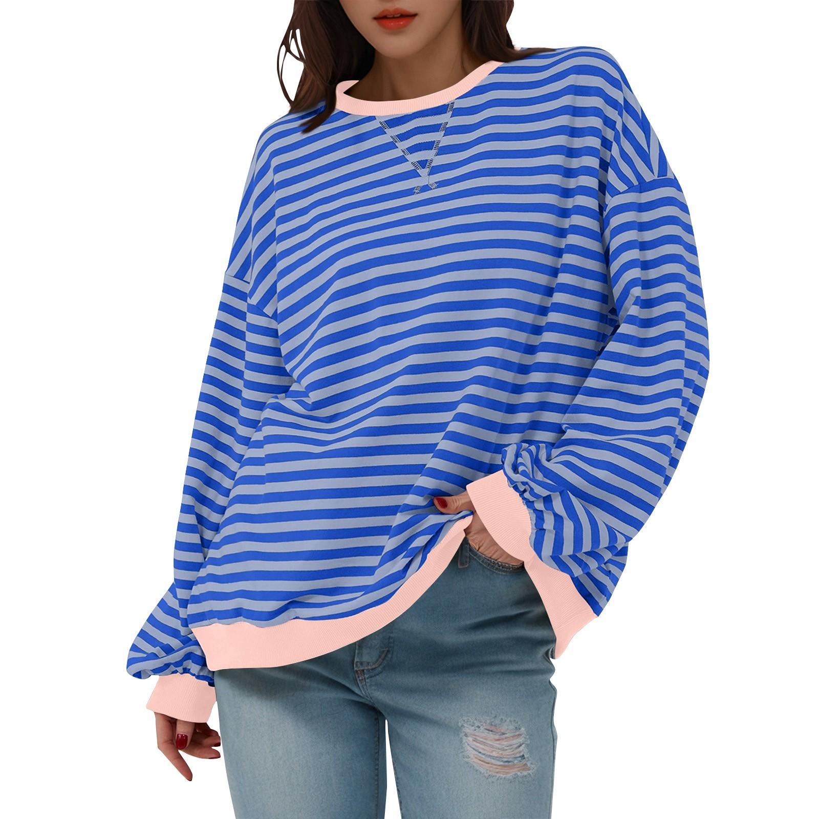 

Женская спортивная рубашка в полоску большого размера с длинными рукавами и круглым вырезом, повседневная свободная рубашка-пуловер, топ XL