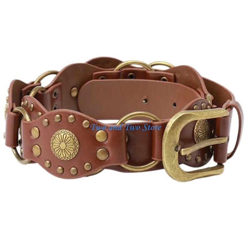 HX6F Waist Belt Rock and Roll Cool Carvings Studded for Cowboy Cowgirl Classical Belt