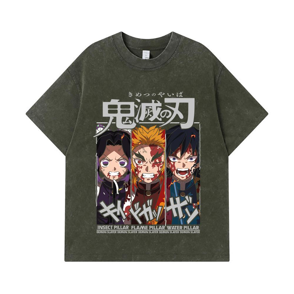 

275 GSM Washed T-shirts 100% Cotton Demon Slayer V58 Pillars Print Unisex Heavy Cotton T Shirt S армия зеленый