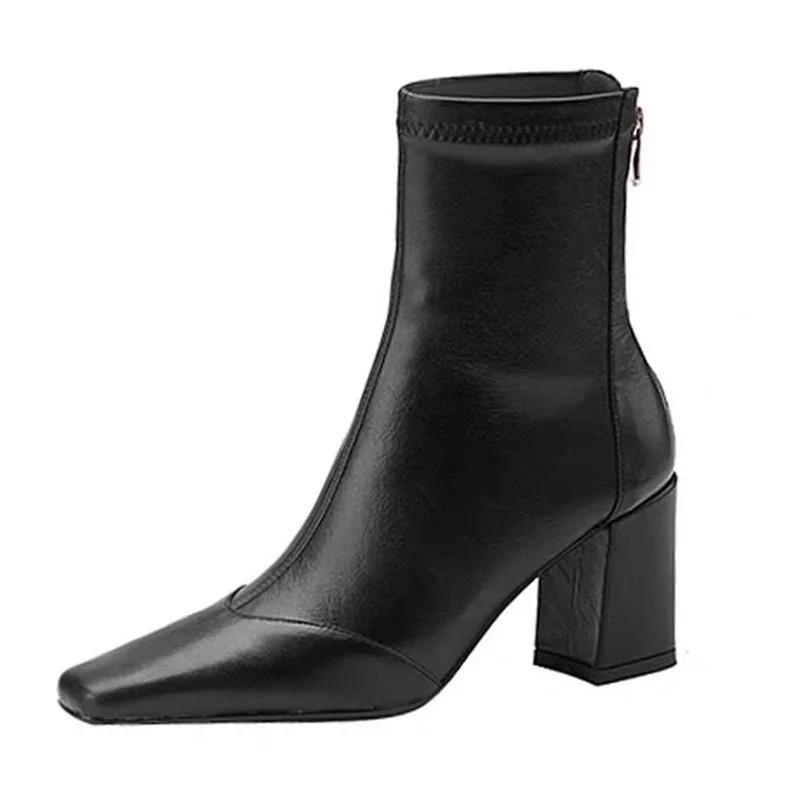 Fashion 2024 Vintage Square Toe High Heels Ankle Boots for Women Brown Pu Leather Zipper Short Boots Woman Autumn Thick Heel Booties