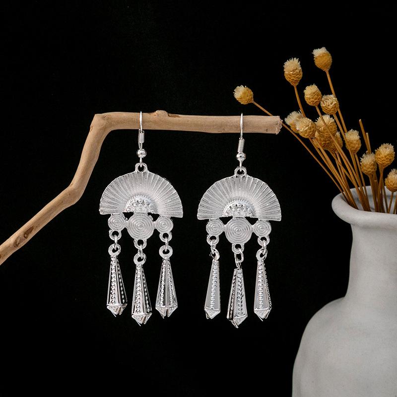 Imitation Miao Silver Ethnic Long Leaf Tassel Dangle Earrings