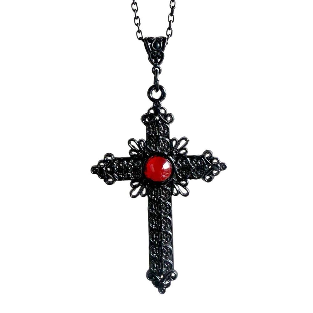 Collana Ciondolo Croce Grande Nera Cristalli Rossi Intarsio Stile Celtico Vittoriano per Uomini Donne Gotico Punk Gioielli per Festa di Halloween