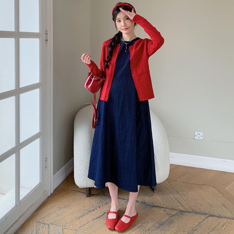 Korean Retro Denim Maternity Vest & Knit Cardigan Two-Piece Set M