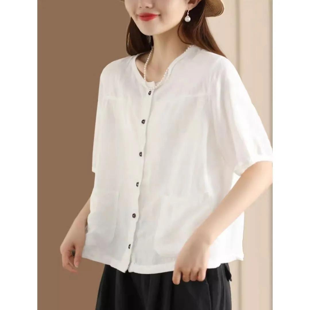 

Женская летняя однотонная повседневная рубашка в стиле ретро с короткими рукавами, однобортный повседневный удобный топ 3XL белый