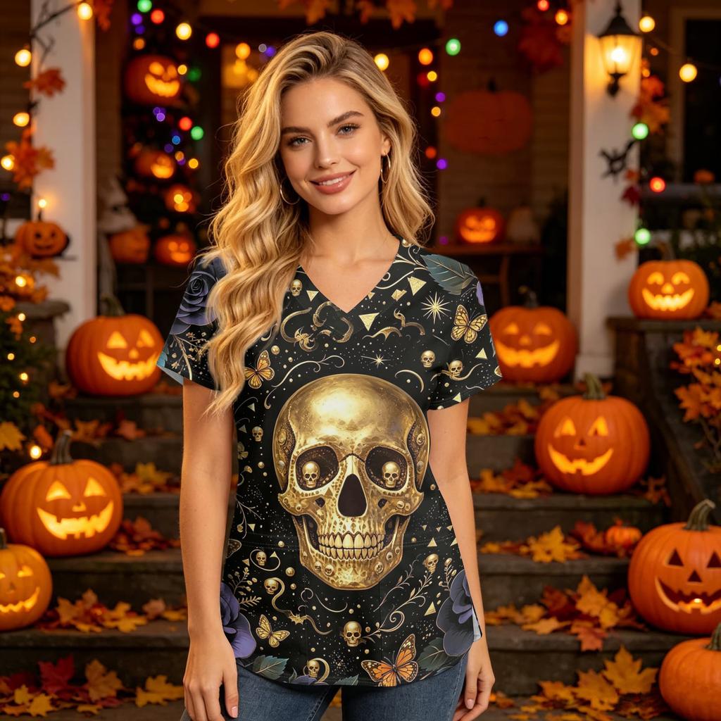 Damska koszula robocza z dekoltem w serek, krótkim rękawem i kieszeniami, z nadrukiem na Halloween, top do uniformu opiekuna